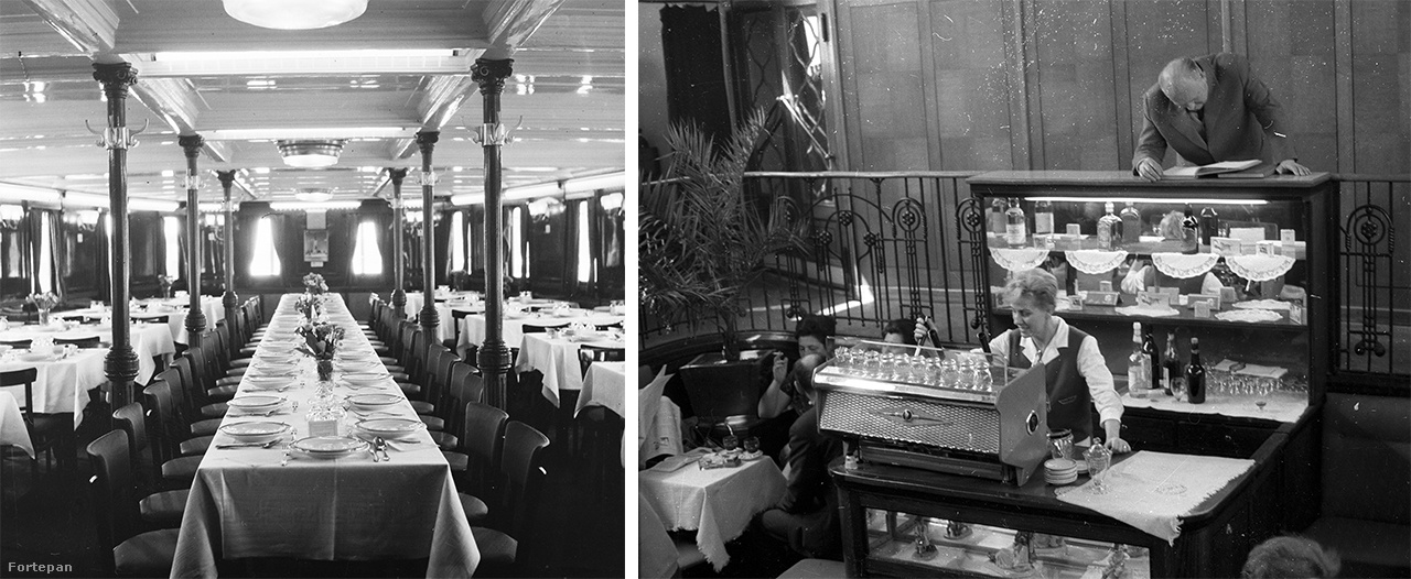 Balra: A Felszabadulás gőzhajó étterme 1959-ben. Jobbra: A Felszabadulás gőzhajó presszója 1965-ben. A felvétel az Írószövetség jugoszláviai útján készült. 