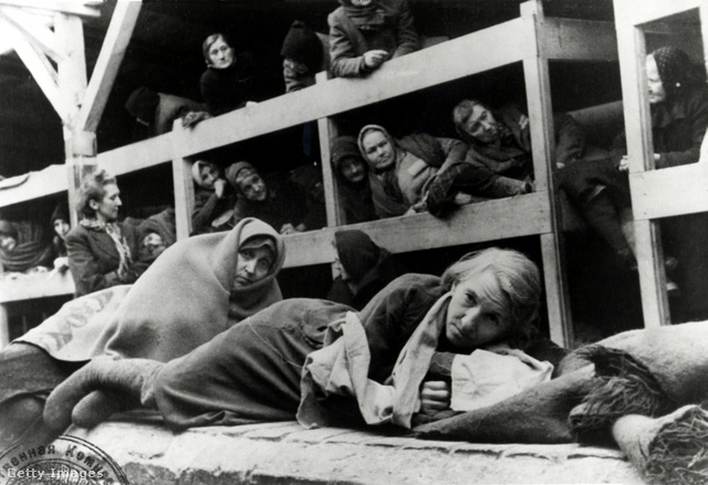 Női rabok a felszabadított auschwitzi táborban a Vörös Hadsereg fotóján (1945)