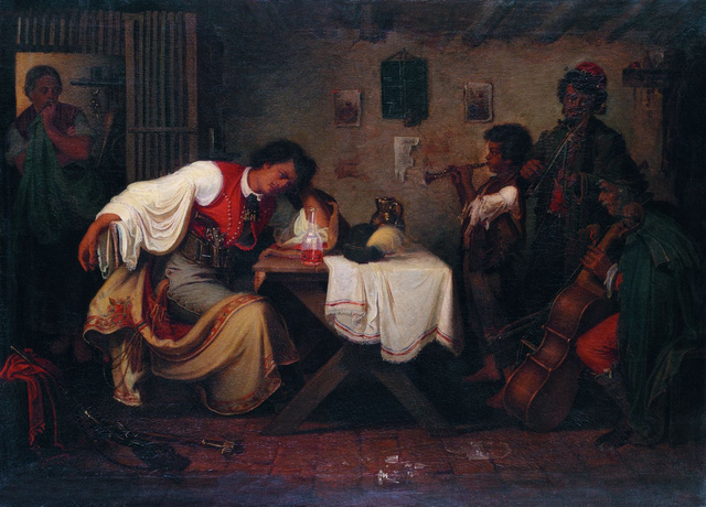 Egyik korai festménye, a Búsuló betyár