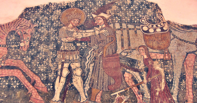 Szent László (balra, glóriával) és a pogány harcos küzdelme a székelyderzsi unitárius templom freskóján