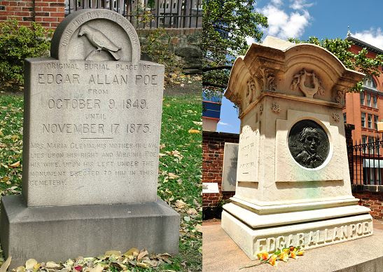 Edgar Allan Poe egykori sírhelyét jelölő kő és új síremléke