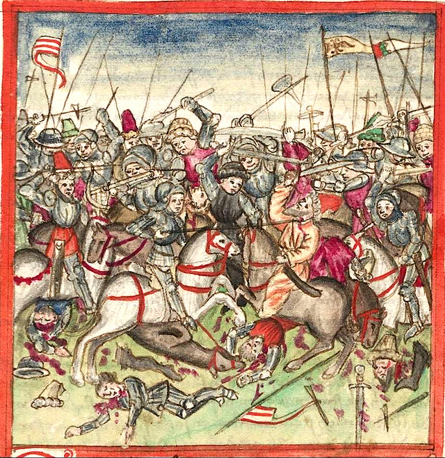 Az augsburgi csata, Hektor Mülich (1415–1490) illusztrációján. (Wikimedia Commons)