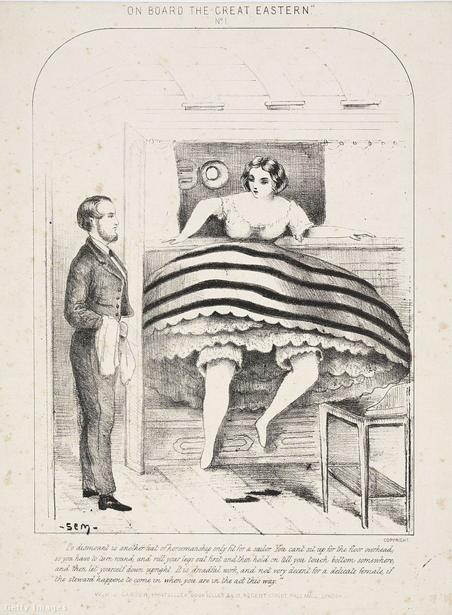 Ruháival küszködik egy nő a hajófedélzeten, miközben kivillannak az alsóruhái. Szatirikus rajz 1865 körül