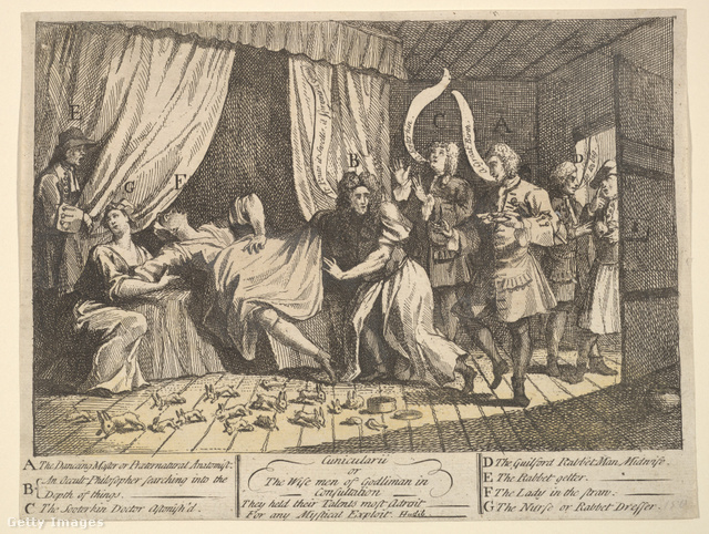 Neves orvosok hada Mary Toft ágya körül (korabeli illusztráció).