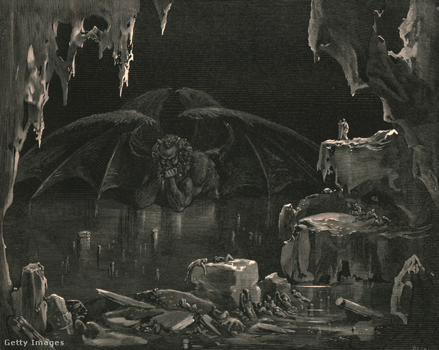 Dante poklának legmélyén, egy jégbe fagyott tóban raboskodik a sátán (19. századi illusztráció).