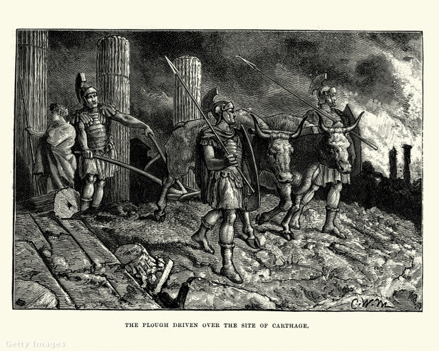 Római katonák felszántják Karthágó földjét.