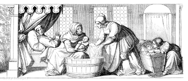 Középkori bába csecsemőt fürdet
