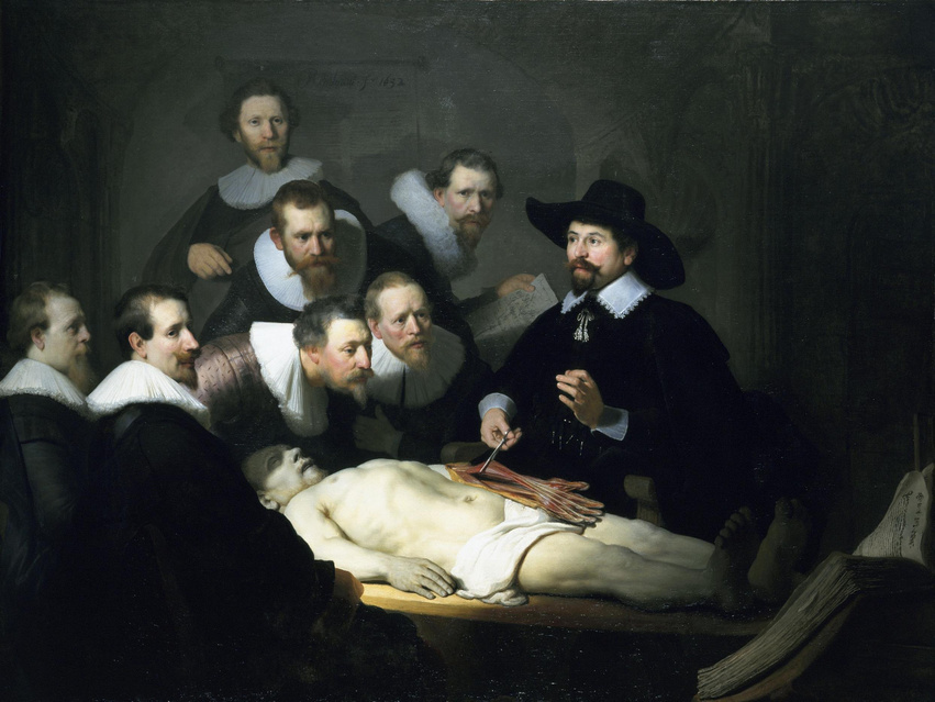 Rembrandt van Rijn, Dr. Tulp anatómiája (1632) – A tizenhetedik század a nagyszabású tudományos felismerések kora volt. Még akkor is, ha az idő tájt a tudomány szónak nem volt önálló jelentése, Newtont is természetfilozófusnak titulálták, mert a „természettudós” szó még nem létezett