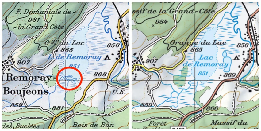 1980-ban egy francia tóban megjelent egy óriási hal (balra). 1989-re sikerült kifogni (jobbra, a 2018-as térkép)