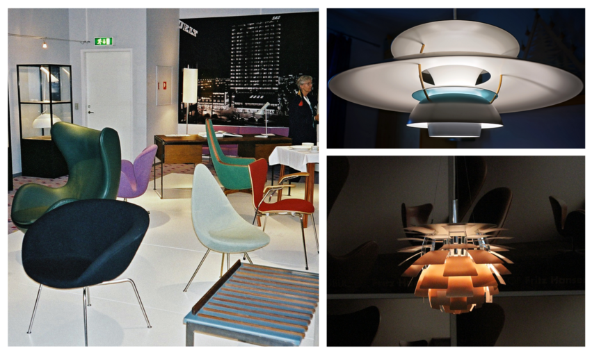 Arne Jacobsen dán építész és bútortervező székei (csepp, tojás és hattyú), és a Louis Poulsen PH-lámpák