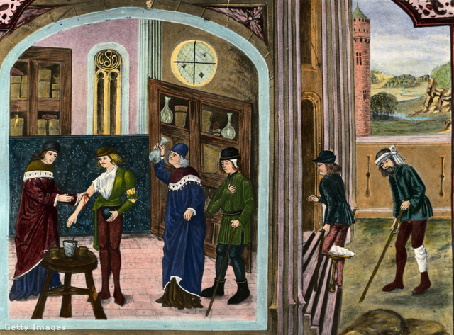 Páciensek érkeznek az orvoshoz (középkori illusztráció)