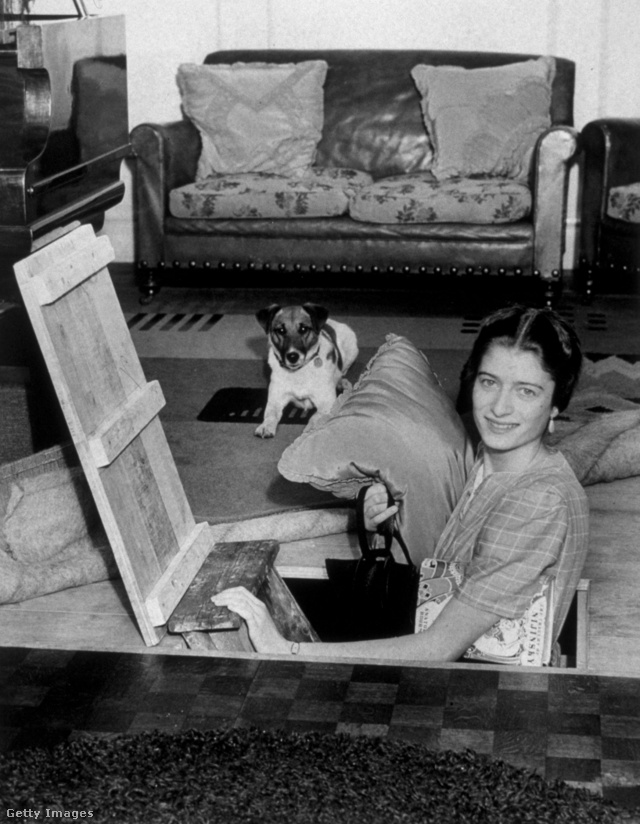 Angol nő és kutyája házi óvóhelyük lejáratánál, 1940
