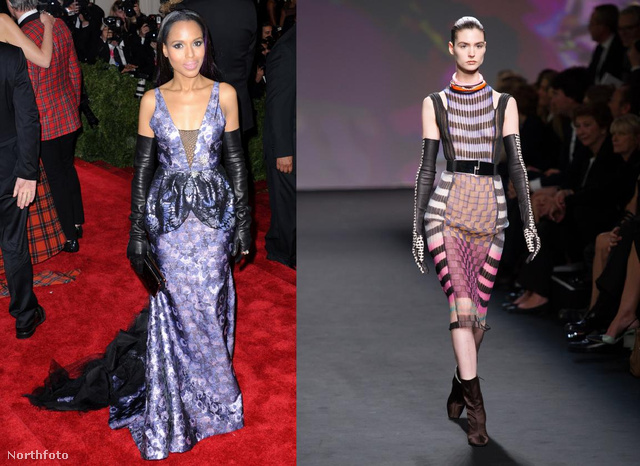 Kerry Washington és a Dior modellje hosszú bőrkesztyűben