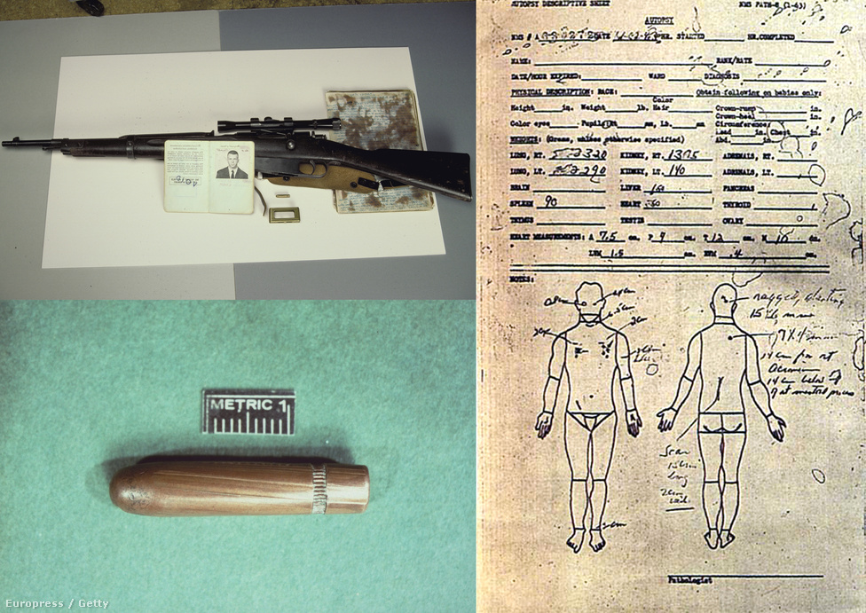 A gyilkos fegyver, az egyik helyszínen talált lőszer és Kennedy boncolási papírja