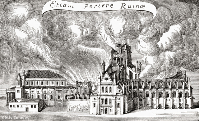 Az 1925-ben megjelent első brit történelemkönyvből egy kép a tűzvészben elpusztult Szent Péter székesegyházról