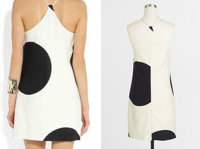 Balra a J. Crew Carrie Dot ruhája, ami az üzletebe került tavaly nyáron 148 dollárért. Jobbra az outlet verzió, a hátán csúnya varrással, most 54 dollárért elvihető.