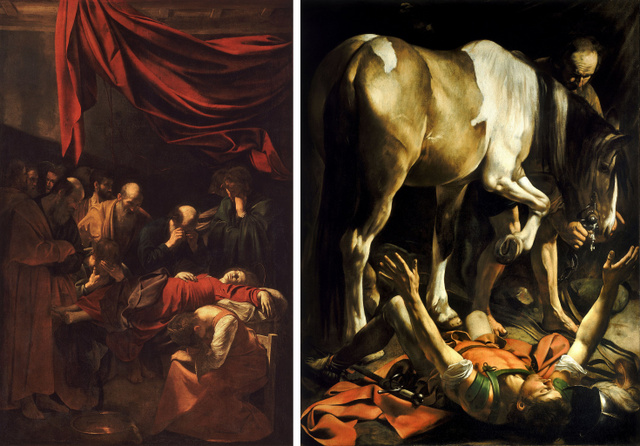 Két vitatott Caravaggio-festmény: a Mária halála (balra) és a Szent Pál megtérése a damaszkuszi úton (jobbra)