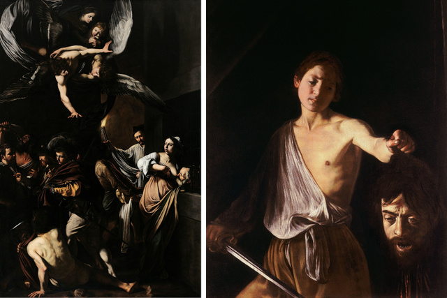 Az irgalmasság cselekedete (balra) és a Dávid Góliát fejével (jobbra) – utóbbin Caravaggio saját arcvonásait festette a levágott fejre