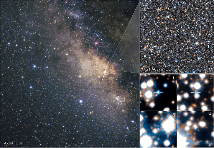 Balra: A Sagittarius csillagkép irányában megfigyelhető központi dudor földfelszíni képe. A terület legnagyobb részét sűrű porfelhők takarják el előlünk, a nyíllal jelölt ún. Sagittarius-ablakban azonban sokkal kevesebb a por, így ott bekukucskálhatunk a centrumba. Jobbra fent: A központi dudor Hubble által vizsgált sűrű csillagmezeje. Jobbra lent: Négy darab a Hubble által a központi dudorban felfedezett 70 fehér törpe közül.