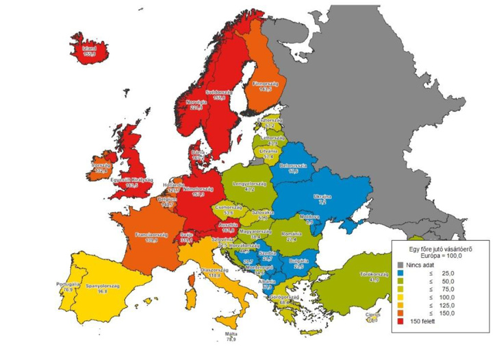 Európa vásárlóerő térképe 2015-ben.
