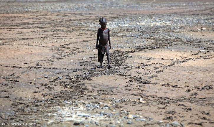 A Turkana törzshöz tartozó fiú áll egy kiszáradt folyómederben az észak-kenyai Lodwar közelében