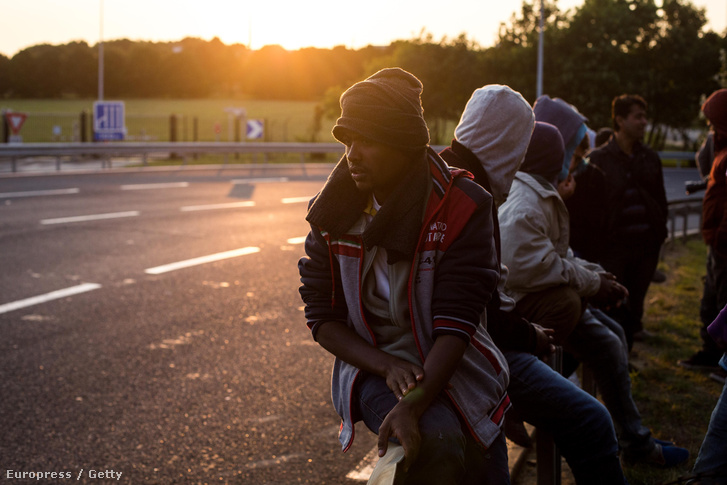 Menekültek a franciaországbeli Calaisban, a Csalagút mellett, 2015. július 31-én.