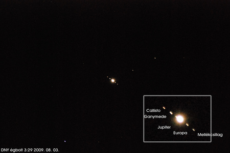A Jupiter és a holdjai egy Nikon D80 fényképezőgép 300 milliméteres teleobjektívén át