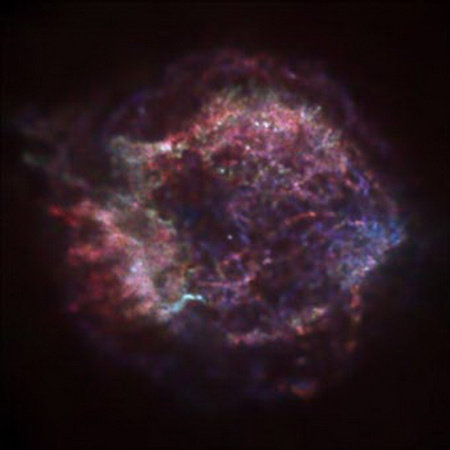 Hamisszínes felvétel a Cas A-ról; a piros részek a vas, a zöldes-fehér régiók a szilícium és a kén, míg a kék tartományok a röntgensugárzást elnyelő csillagközi por nyomait jelzik (NASA & Chandra Science Center)
