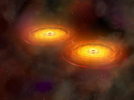 Fantáziakép egy galaxisütközés után kialakult szupernagy feketelyuk-kettősről - a Chandra vizsgálatai alapján léteznek olyan csillagvárosok, melyek magjai ilyen gigászi párokat is magukban rejthetnek (NASA & Chandra Science Center)