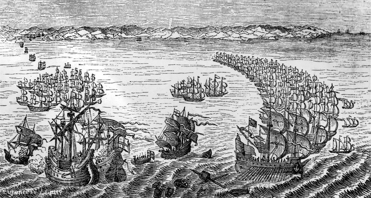 1588. La Manche csatorna. Az Anglia ellen indított spanyol invázióban a Nagy Armada fele elpusztult.