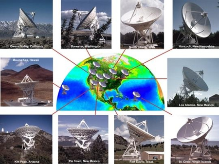 A VLBA antennarendszer elemei és azok földrajzi elhelyezkedése az észak-amerikai kontinensen, illetve Hawaiin és a Virgin-szigeteken. [National Radio Astronomy Observatory]