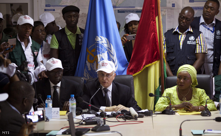 Mohamed Belhocine az Egészségügyi Világszervezet képviselője sajtótájékoztatót tart Guinea fővárosában Conakryban 2015. december 29-én ahol bejelentette hogy Guinea mentessé vált az Ebolától.