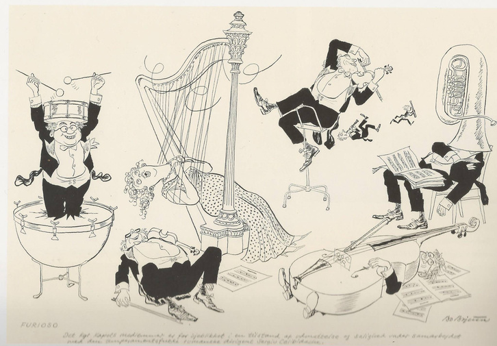 Sergiu Celibidache karmester hatása a Dán Királyi Zenekarra. Bo Bojesen karikatúrája 1961-ből
