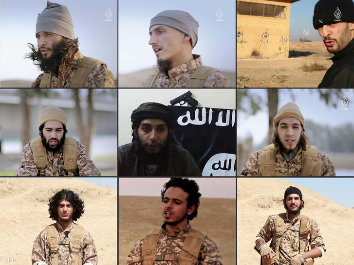Arcok az iszlám állam legújabb videójából, ahol a párizsi terrortámadások egyik elkövetője is (alul középen) szerepel.