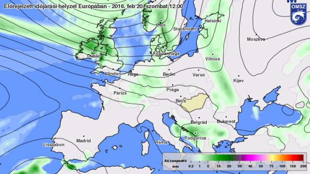 A 2016. február 20. 13 órára (12 UTC) előrejelzett nyomási és csapadék mező az ECMWF modell alapján.