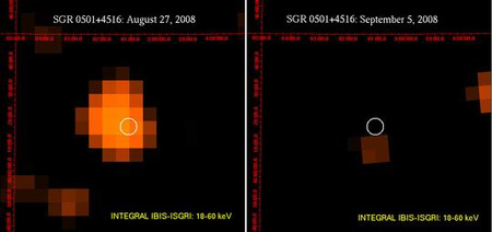 Az SGR 0501+4516 katalógusjelű magnetár INTEGRAL műhold által észlelt nagyenergiájú (18-60 keV) röntgenemissziója 2008. augusztus 27-én (balra), illetve a forrás röntgenképe 2008. szeptember 5-én (jobbra). [ESA/XMM-Newton, Rea és tsai]