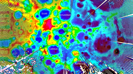 Az LRO holdszonda lézeres magasságmérő műszerével (LOLA) készített térkép a Hold déli pólusvidékérõl. A lila, mélykék szín a legmélyebb területeket, a sárga, vörös színek pedig a kiemelkedéseket mutatják.
