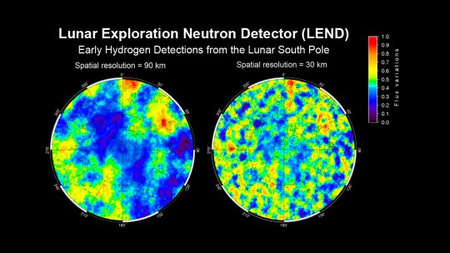 A neutrondetektoros felmérés eredményei: 90 km-es felbontással (bal oldalon) és 33 km-es felbontással (jobb oldalon)