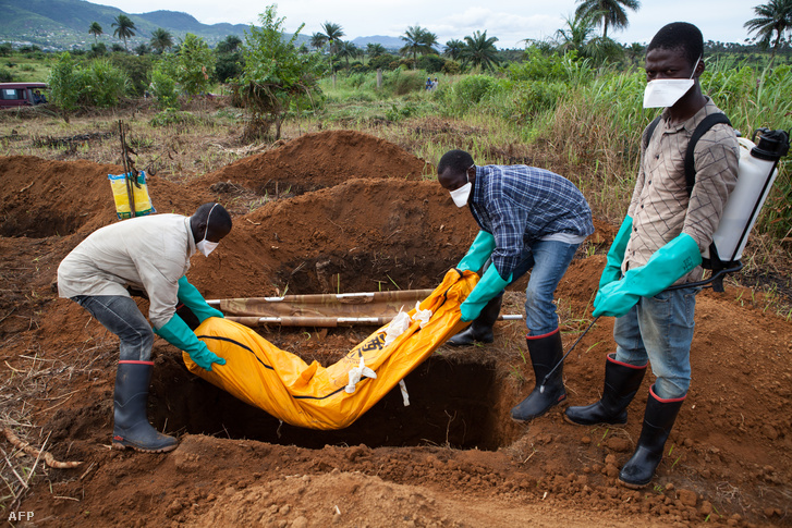 Egy ebola miatt elhunyt ember holttestét temetik el Sierra Leonéban.