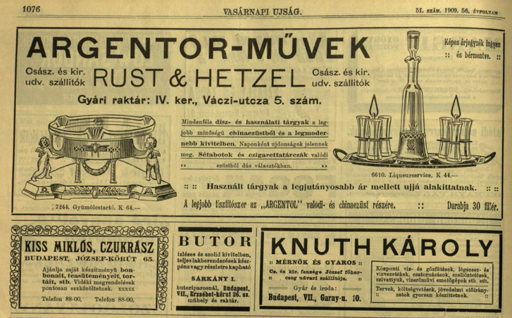 Hirdetések egy 1909-es Vasárnapi Újságban. Köztük Kiss Miklós czukrászé is
