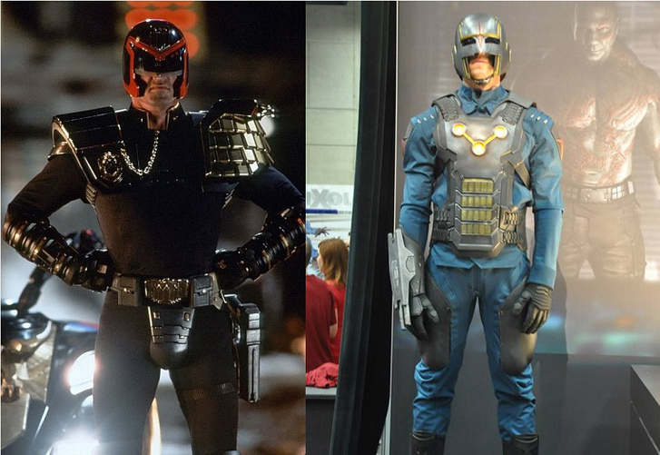 Bal oldalon Stallone ruhája az 1995-ös Dredd bíróban, jobb oldalon pedig egy Nova Corps-egyenruha A galaxis őrzői-filmből.