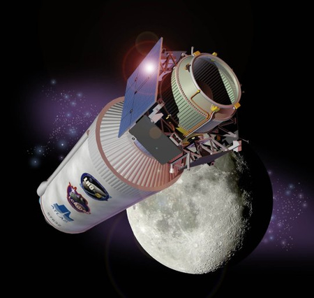 Az LCROSS rakétafokozat a Hold felé tart (kép: NASA).