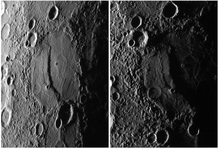 Esti árnyékok a Merkúron. A jobb oldali kép jobb alsó sarkában látható kráter átmérője körülbelül 190 km, a központi szirt magassága pedig több mint egy kilométer. [NASA/Johns Hopkins University Applied Physics Laboratory/Carnegie Institution of Washington]