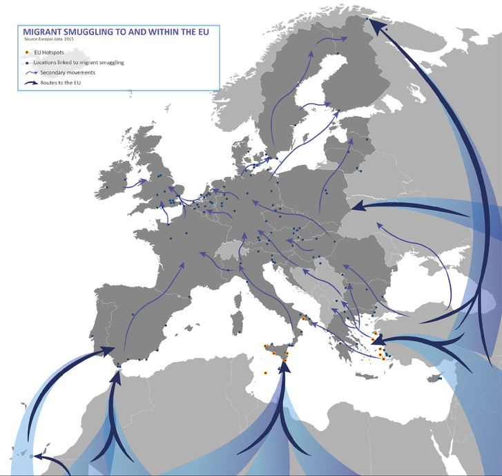 Az embercsempészet útvonali Európába