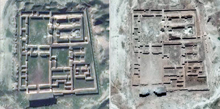 Kalhu romvárosáról készült műholdas felvétel a pusztítás előtt és után