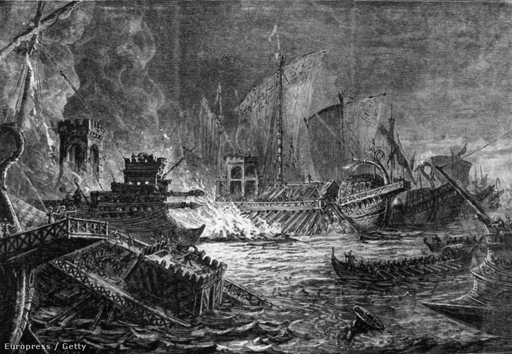 Korabeli illusztráció Octavianus flottájának és Antonius és Kleopátra hajóhadának ütközetéről a görög partoknál