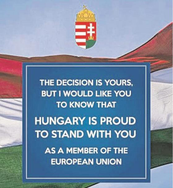 A magyar kormány Nagy-Britannia európai uniós tagságának megőrzése mellett érvelő hirdetést jelentet meg a brit sajtóban