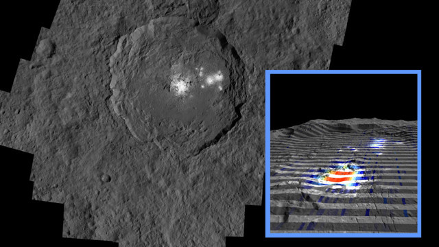 Az Occator-kráterben található fehér foltok, melyek valójában nátrium-karbonátból állnak. A kis képen a színek a nátrium-karbonát koncentrációját mutatja, ahol a piros szín nagy, a szürke kis koncentrációt jelöl.