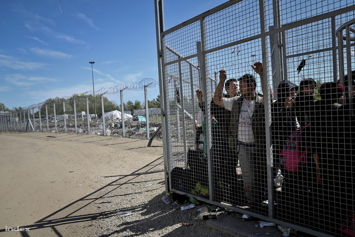 Menekültek várakoznak a kerítésnél a röszkei tranzitzóna bejáratánál