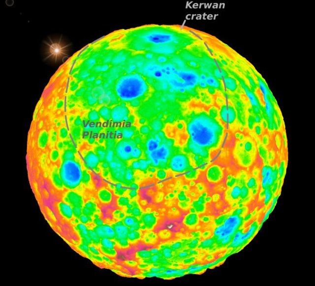 A hamisszínes felvétel felső részén a Ceres legnagyobb becsapódási krátere, a Kerwan látható. A “kitűnő” állapotban fennmaradt alakzat átmérője 280 kilométer, magas pereme (vöröses-sárga szín) és a központi bemélyedés (kék) is jól kivehető. A kép közepe felé haladva a Kerwan fokozatosan olvad bele a 800 kilométer széles, 4 kilométer mély, Vendimia Planitia nevű depresszióba (zöld). Ez az alakzat valószínűleg a Ceres korai történetében bekövetkezett legnagyobb ütközések egyikének a maradványa.